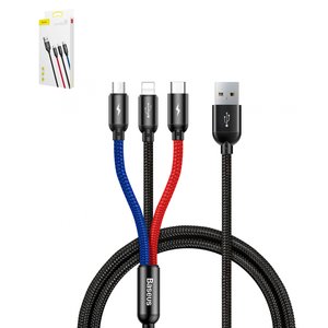USB кабель Baseus Three Primary Colors, USB тип C, USB тип A, micro USB тип B, Lightning, 120 см, 3,5 А, черный, передача данных только на Lightning, в нейлоновой оплетке, 3 в 1, #CAMLT BSY01