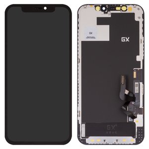 Pantalla LCD puede usarse con iPhone 12, iPhone 12 Pro, negro, con marco, AMOLED , GX OEM soft