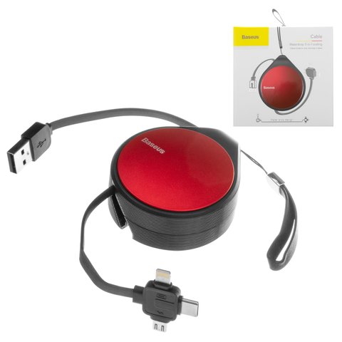Универсальный USB кабель Baseus Waterdrop Scaling, плоский, для зарядки телефона, выдвижной, 3 в 1, черный, красный, USB тип C, USB тип A, micro USB тип B, Lightning, 1,5 А, #CAMLT EP09