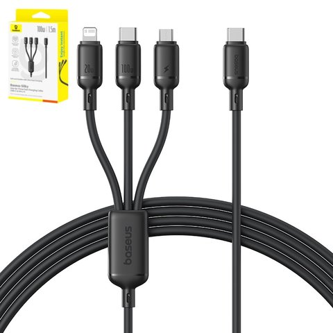USB кабель Baseus Silky, micro USB тип B, Lightning, 2xUSB тип C, 150 см, 100 Вт, черный, 3 в 1, #P10377706123 00