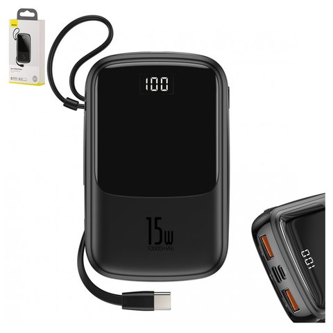 Power bank Baseus Q pow, 10000 мАг, з дисплеєм, з USB кабелем тип C, чорний, Quick Charge, 15 Вт, #PPQD A01