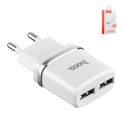 Мережевий зарядний пристрій Hoco C12, 220 В, 2 USB виходи 5В 2,4А , біле, без кабеля, 12 Вт